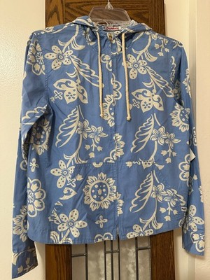 VTG ROXY Quicksilver Cotton Blue, White Floral Hood Zip Short Jacket S Made -USA