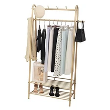 Clothing Rack Freestanding Industrial Garment Rack with Double Shelves Gold