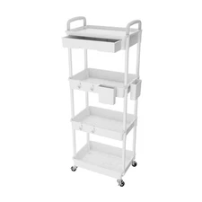 4 Tier Rolling Utility Cart with Drawer, Utility Cart White 4 Tier With Drawer