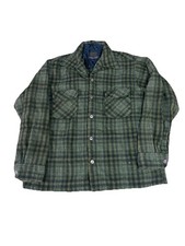 Vintage 70s Sears Mens Store Loop Collar Flannel Size Large Green Wool Blend