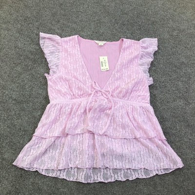 Aeropostale Blouse Juniors Small Pink Lace Flutter Sleeve Ruffle Tunic Top NWT