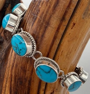 VTG Mexico Sterling Turquoise Oval Cabochon Panel Link Bracelet 40 Grams TAXCO