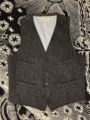 J Crew 100% Wool Vest Men's L Dark Gray Herringbone Tweed Waistcoat