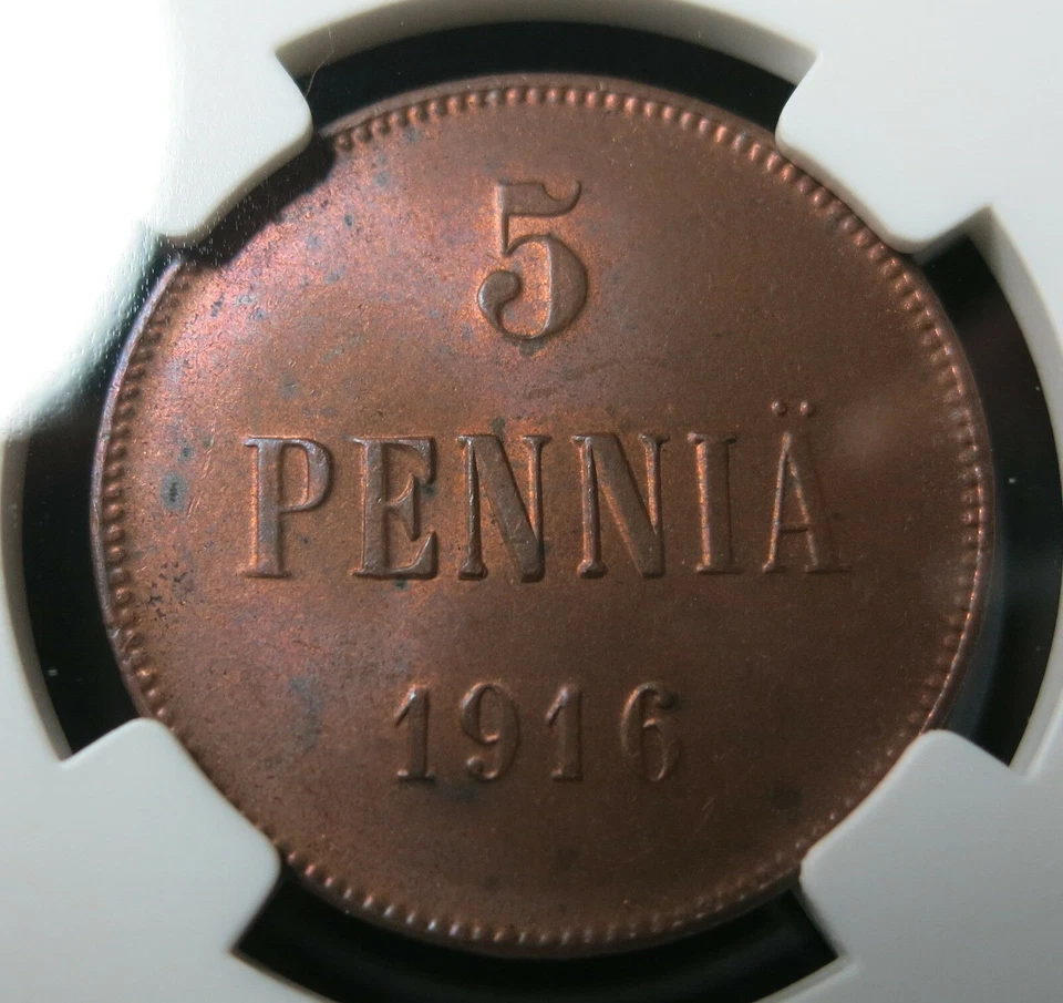 FINLAND RUSSIA 5 Pennia 1916 NGC MS 64 RB Red UNC Bronze Baltic Tsar Nicholas - Image 2 of 4