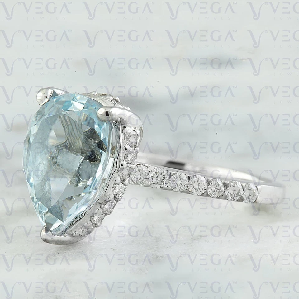 5.50 克拉梨形切割天然海蓝宝石和钻石女式戒指 950PT 镀铂 — 第 2/4 张图片