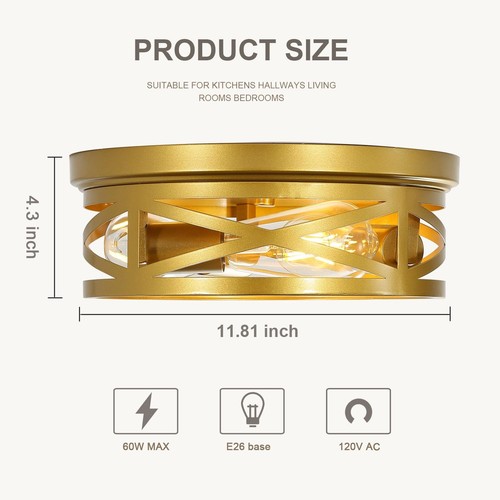 Flush Mount Ceiling Light Fixture,Golden 3-Light Industrial Farmhouse Light F... - Picture 2 of 6