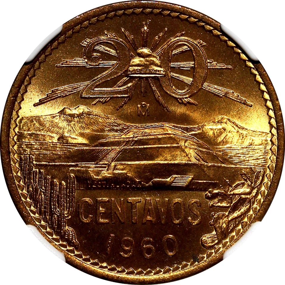 MÉXICO Bronce 1960 Mo 20 Centavos NGC MS66 RD BONITO ROJO COMPLETO BU KM# 440 (006) Foto 4 de 4