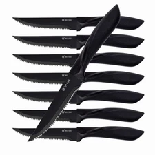HISSF Steak Knives Set of 8, Black Serrated Stainless Steel Sharp Blade Flatw...