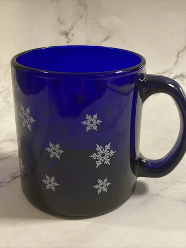VTG Libbey Cobalt Blue Snowflake Coffee Mug Mid-Century Modern Atomic MCM USA