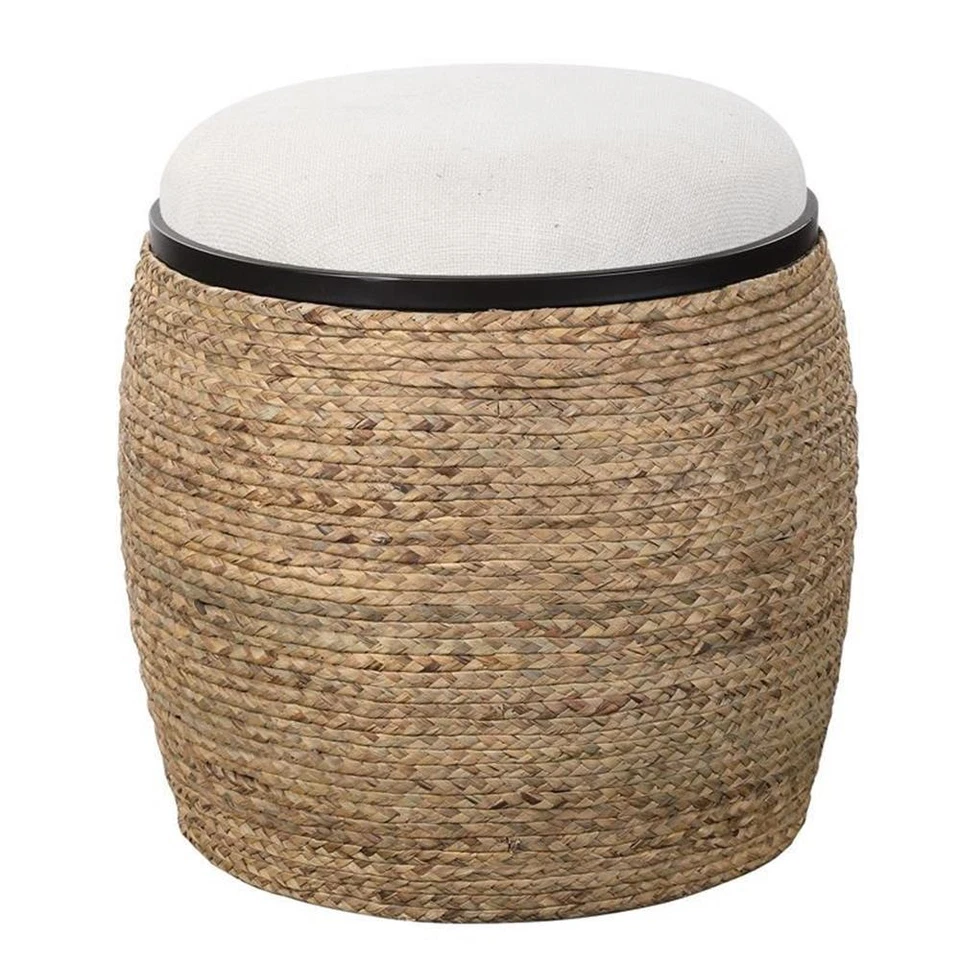 Uttermost Island Coastal MDF and Iron Straw Accent Stool in Black/Beige - Image 2 of 4