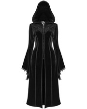 Punk Rave Womens Long Gothic Lace Applique Hooded Coat Black Velvet Lace Witch