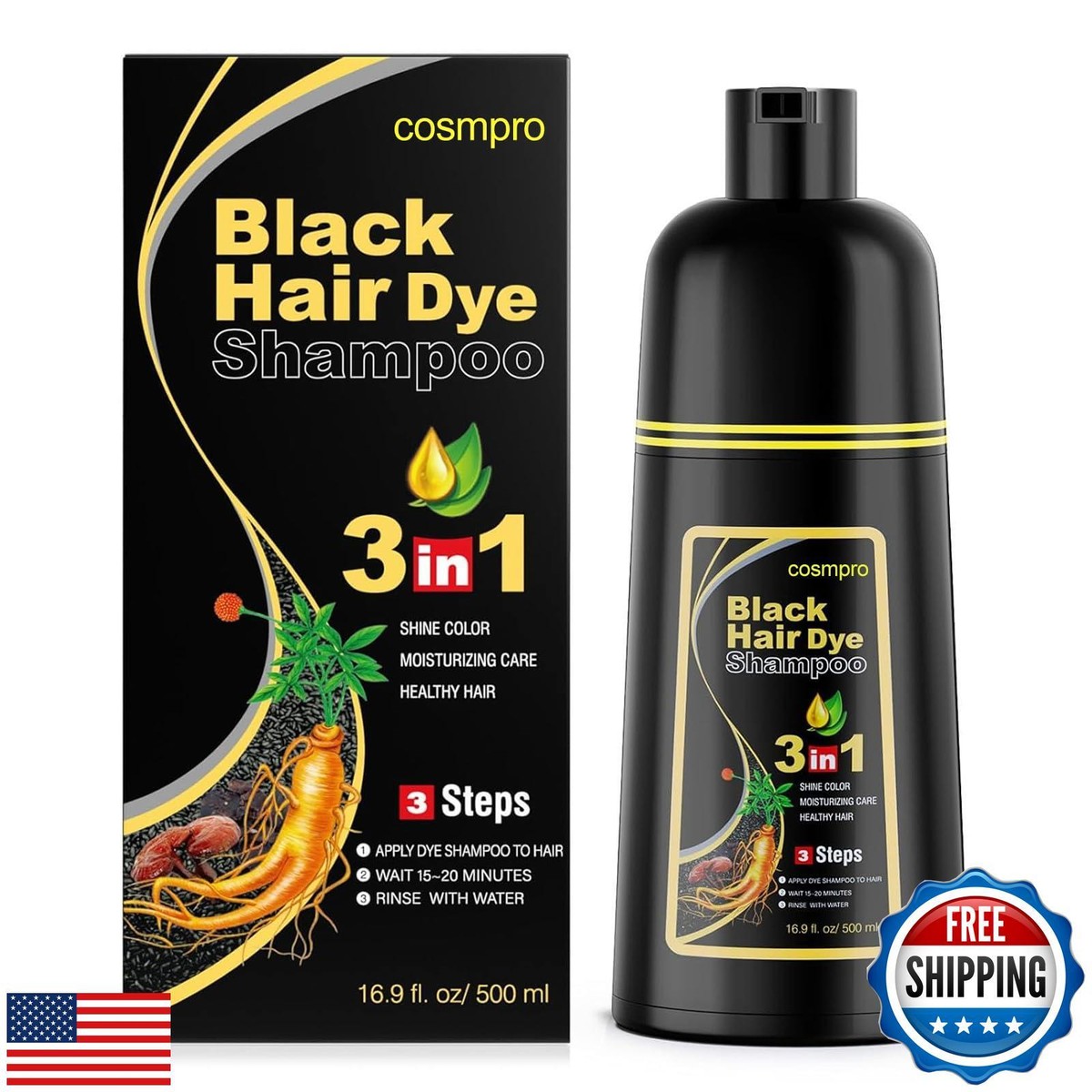 cosmpro Black Hair Dye Shampoo 3 in 1 for Women/Men for Gray