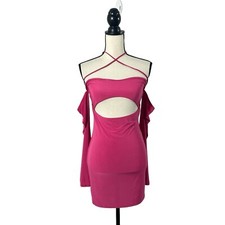 NWT PRETTYLITTLETHING Pink Slinky Bardot Cut Out Halter Tie Bodycon Dress US 8