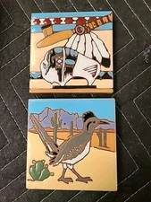 Earthtones Hand Glazed Art Tile Desert Road Runner & Buffalo 4"x4" Trivet 