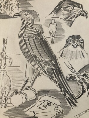 Beau Dessin Oiseau Mine De Plomb Cubiste Cubisme Aigle Buse 1950 A Identifier