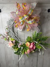 Handmade Floral Grapevine Rustic Wreath Pink Yellow Flowers Ferns w/ Ribbon Bow