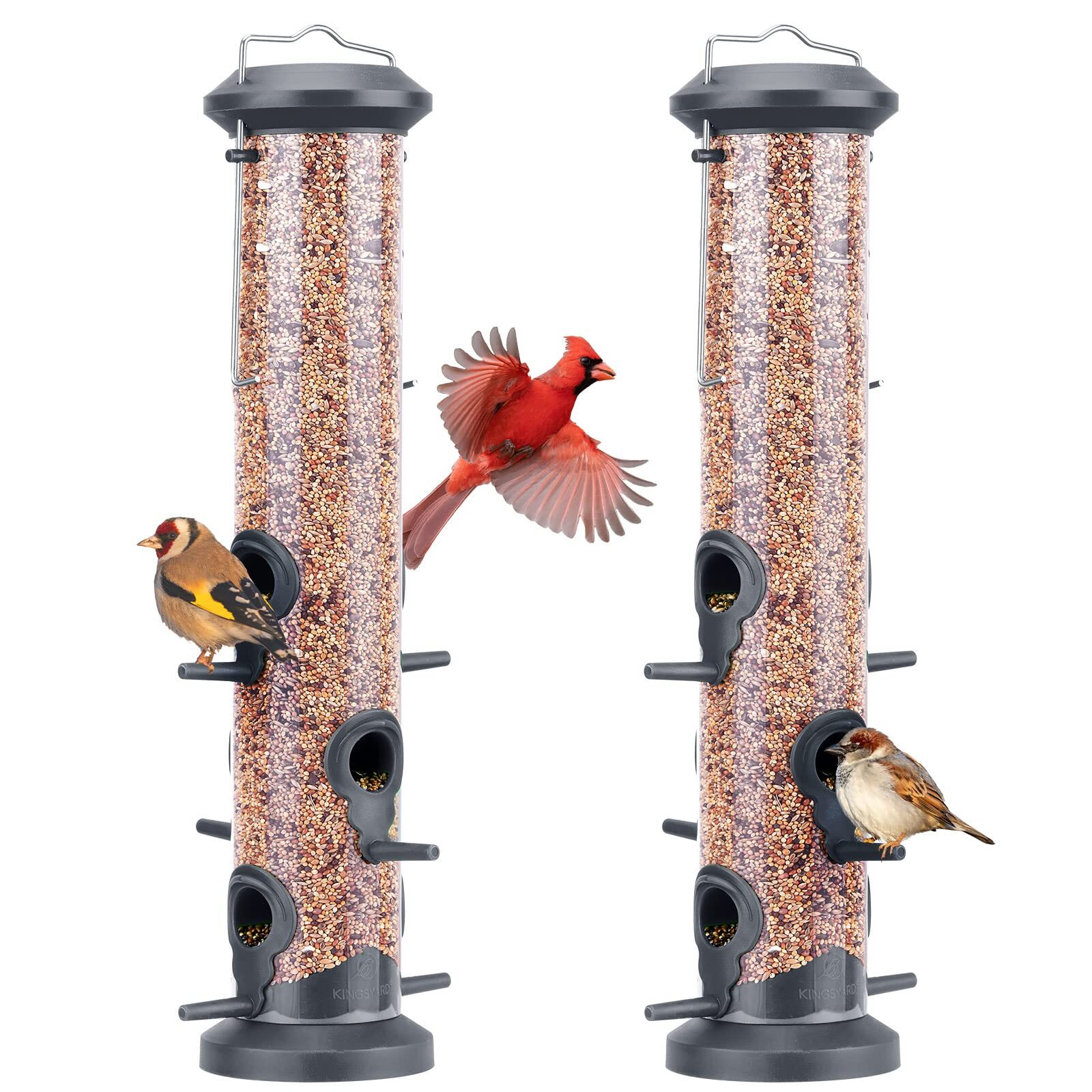 2 Pack Tube Feeders with 6 Feeding Ports for Outdoors Hanging, Premium Hard P...