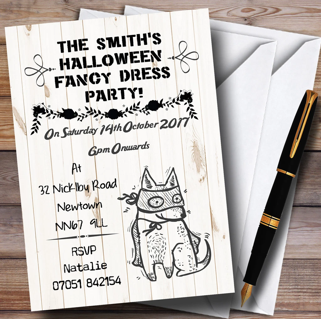 A copy of a Halloween fancy dress party invitation. The image on the invitation is of a cartoon dog wearing a mask