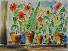 Rare Jen Dyck Watercolor "Potted Daisies"