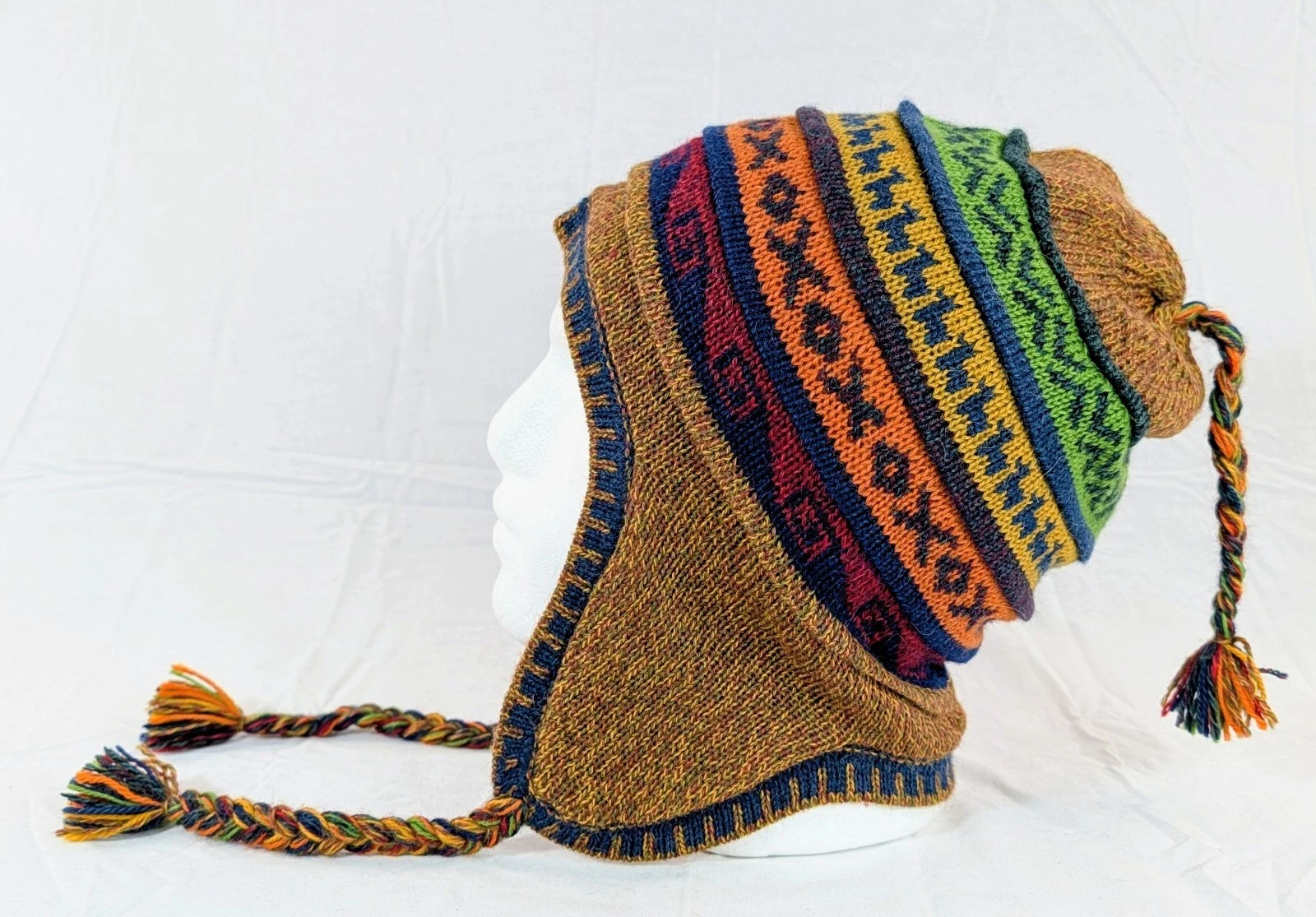 Soft Baby Alpaca Reversible Chullo Beanie Orange Green Unisex Colorful Boho Peru