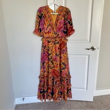 Farm Rio V-Neck Floral Puff Sleeve Ruffle Trim Vacation Tier Maxi Dress Size XS