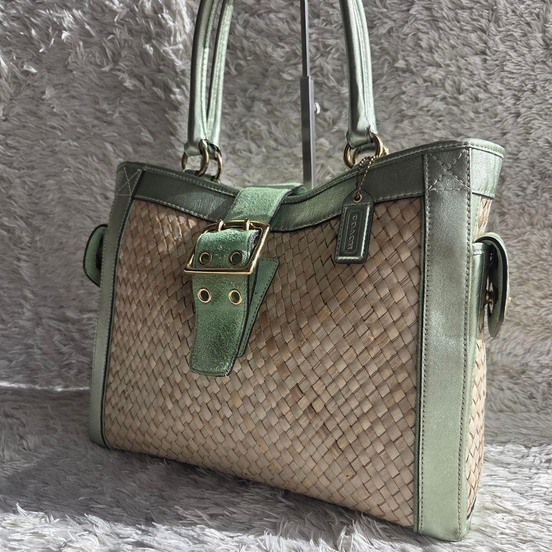 COACH SOHO Straw Large Boxy Tote Basket Bag Green - Gem