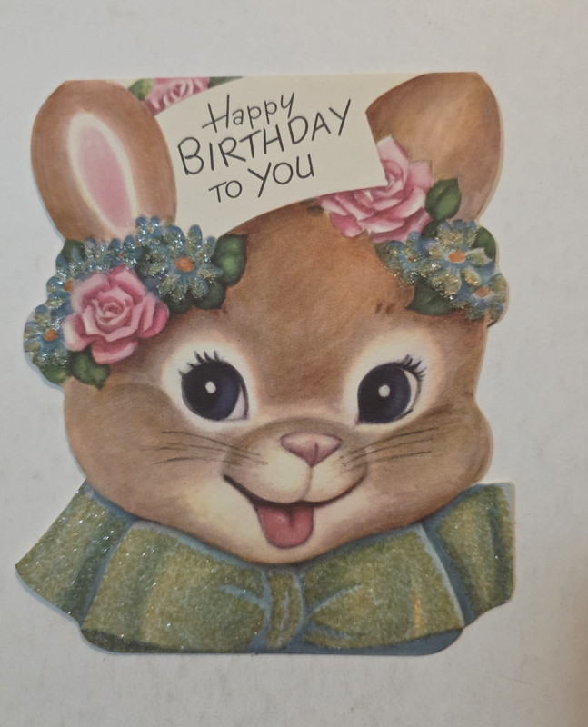 Vintage Die-Cut Glitter Bunny Birthday Greeting Card “Happy Birthday to You”