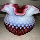 Vintage FENTON Cranberry OPALESCENT Hobnail RUFFLED 5" Art Glass Vase   t31