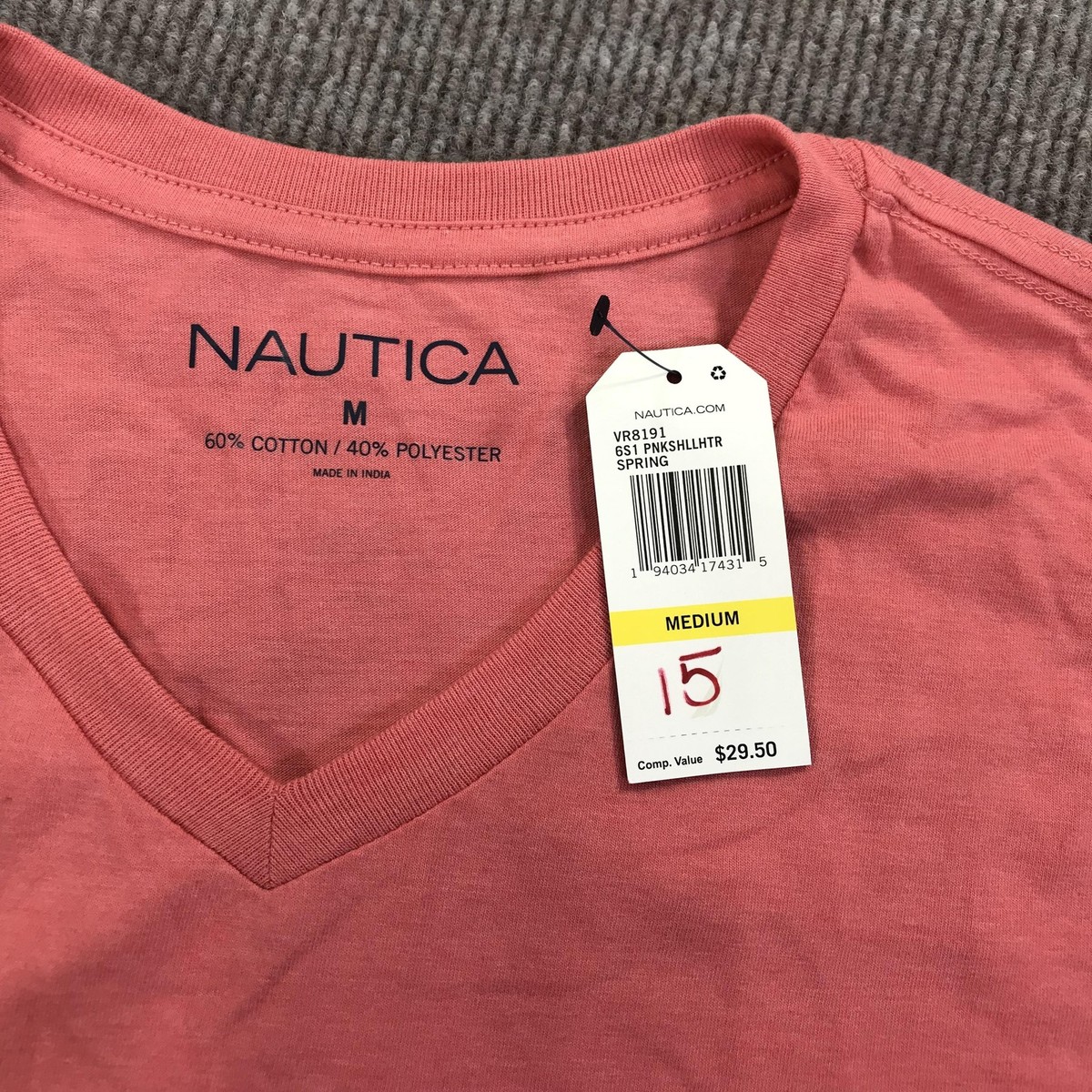 Nautica Shirt Mens Medium Pink V Neck Logo Cotton Blend Tee