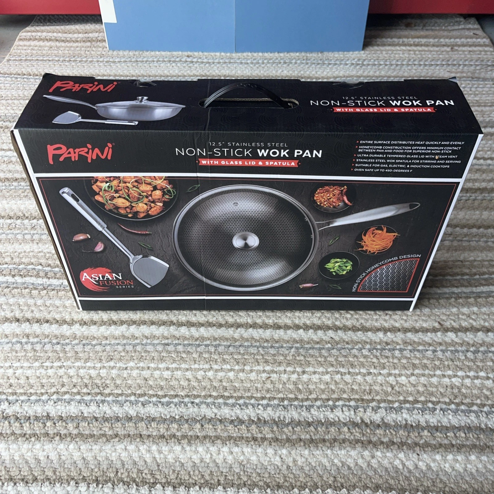Parini 12.5" Stainless Steel Non-Stick WOK Pan W/Glass Lid & Spatula New In Box