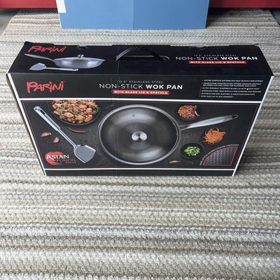 Parini 12.5'' Stainless Steel Non-Stick WOK Pan W/Glass Lid & Spatula New In Box
