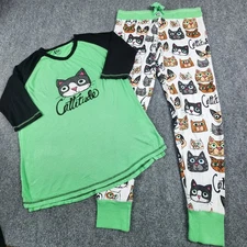 Lazy One M Women’s Cattitude Cat Print Pajama Set Green Black Soft Cozy Lounge 