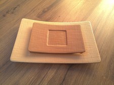 RARITÄT PARTYLITE Kerzenteller "Leinen" 2-teilig  beige + hellbraun Pillarkerzen