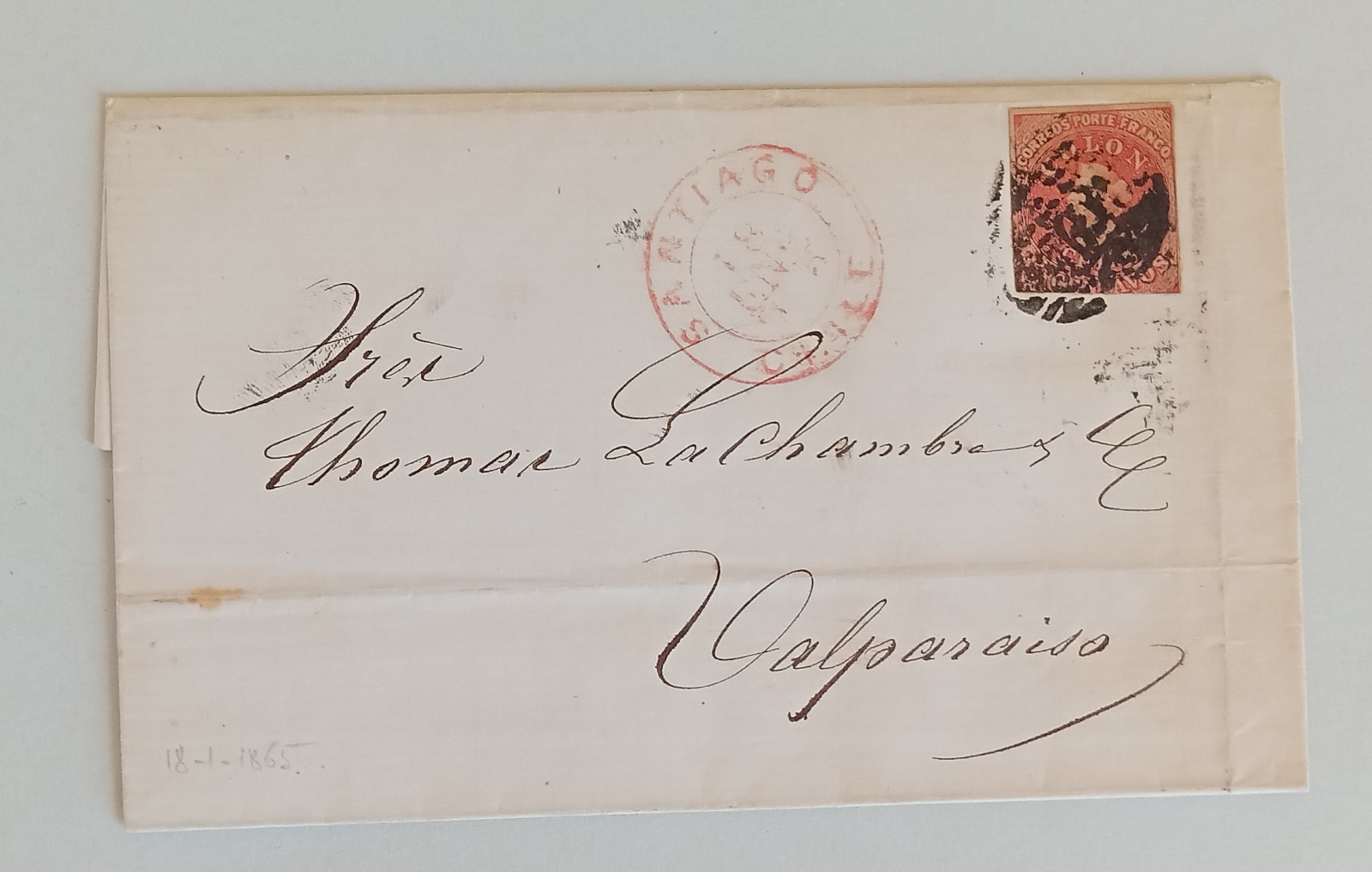 Chile 1865 – Cover – Estanco – 5 Ct – red – MOURGUES to LACHAMBRE - Expert MAIER