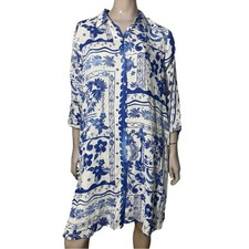 Joie Women’s L Blue White Linen Batik Printed Button Up Roll Sleeve Shirt Dress