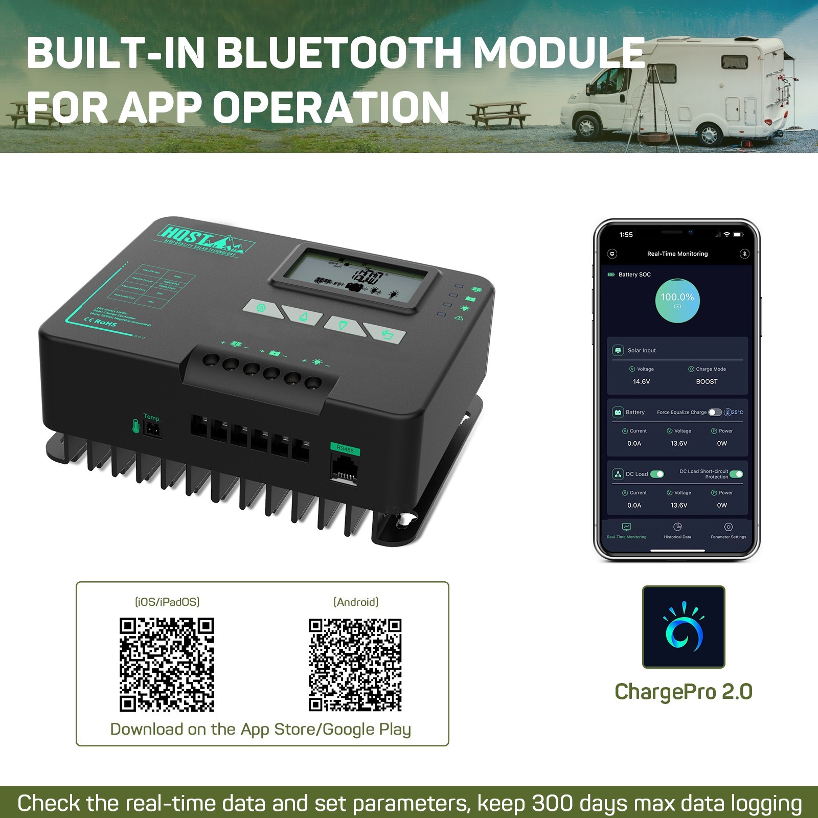 HQST 20A MPPT 12V/24V Solar Charge Controller with Parallel Charging & Bluetooth