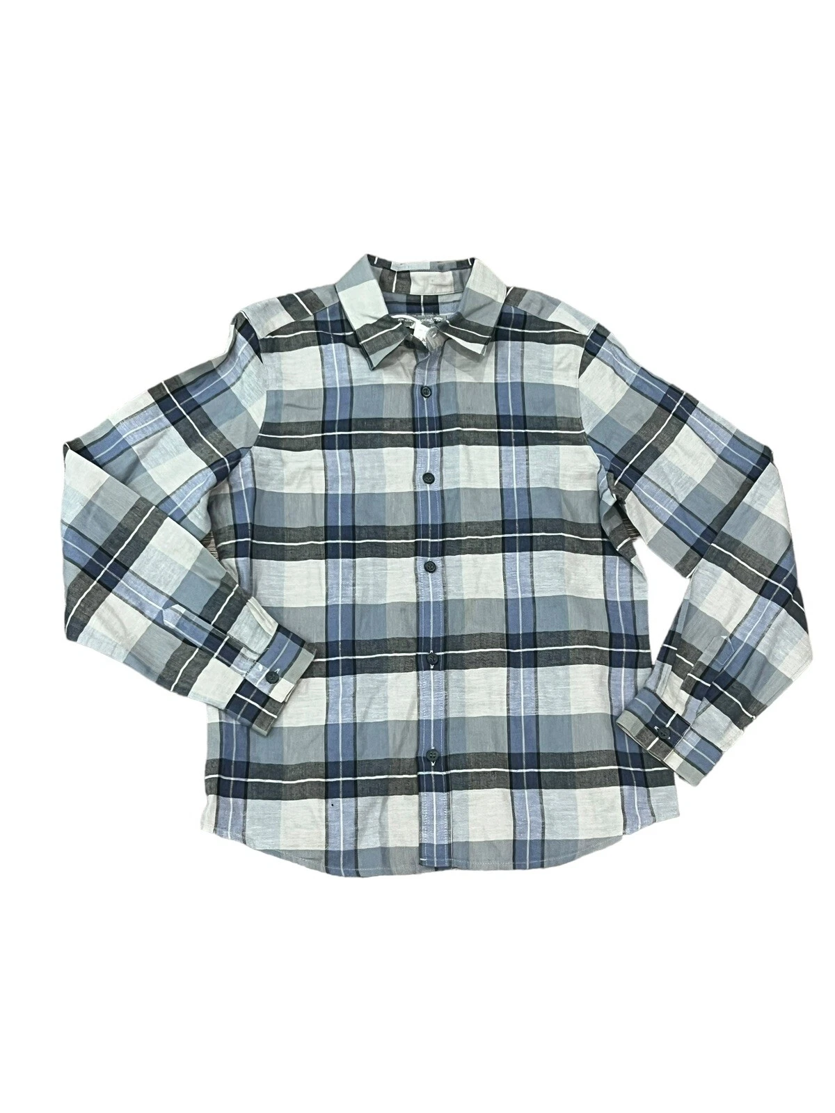 BONPOINT BOYS BUTTON UP SHIRT PLAID CHECK BLUE GRAY LONG SLEEVE SZ 10