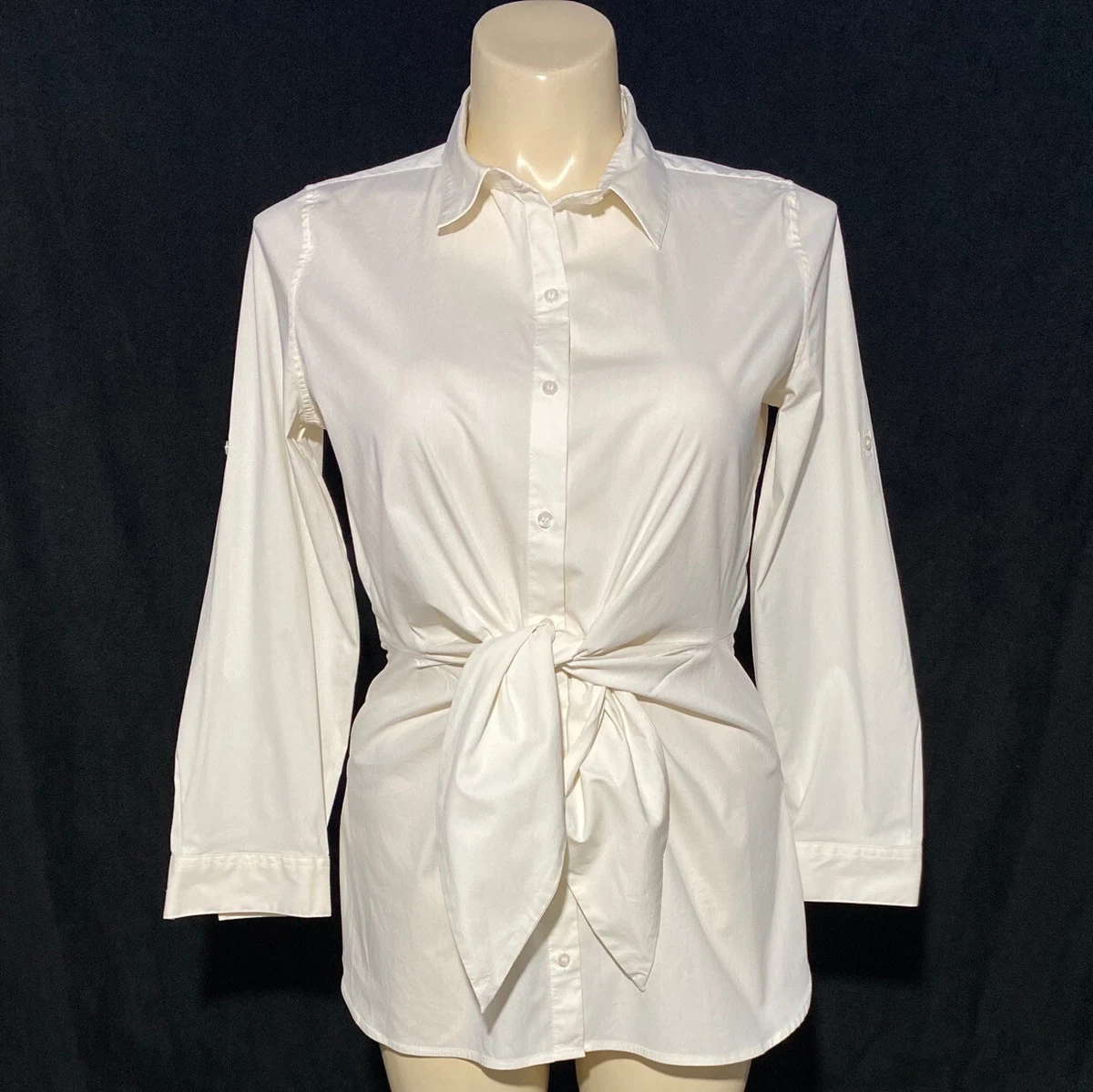 Calvin Klein L Button Down Shirt Work Off White Long Sl U Hem Slits Front  Tie | eBay