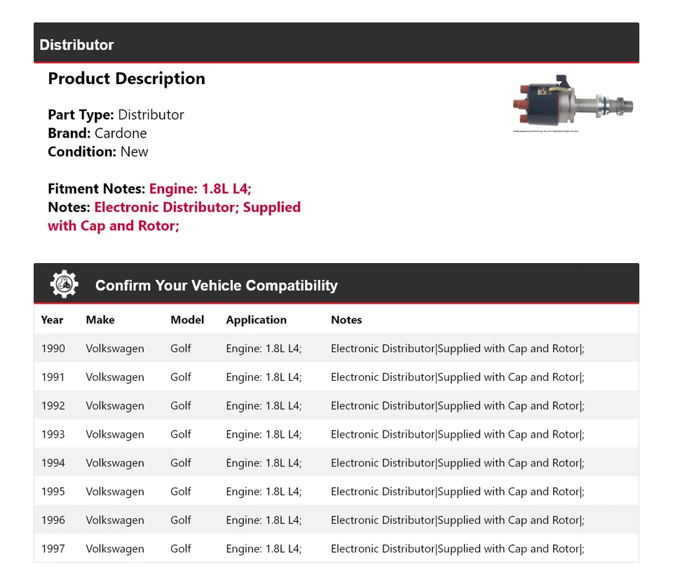Para Volkswagen Golf 1990-1997 1.8L L4 Distribuidor Cardone 1991 1992 1993 1994 Foto 2 de 4