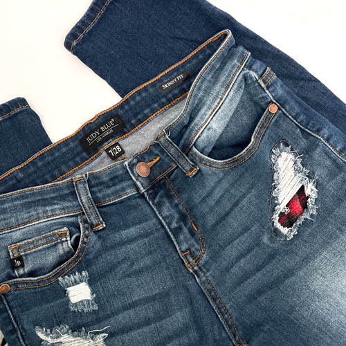 JUDY BLUE Damen 7/28 Skinny Fit rot/schwarz kariert Patches Distressed Denim Jeans