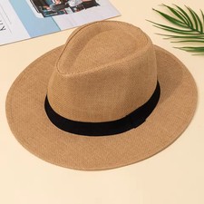 Men Women Straw Fedora Hat Trilby Cuban Sun Cap Panama Short Brim Floral Summer
