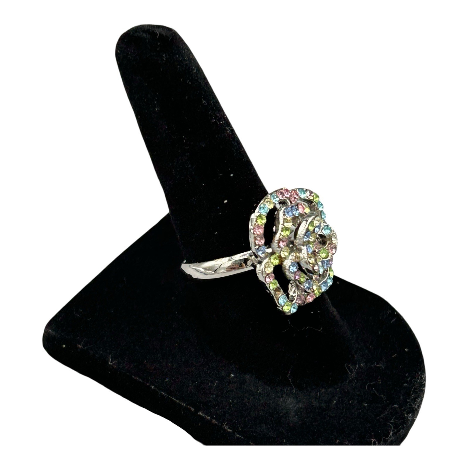 Adjustable Multicolor Crystal Flower Ring Silver … - image 3