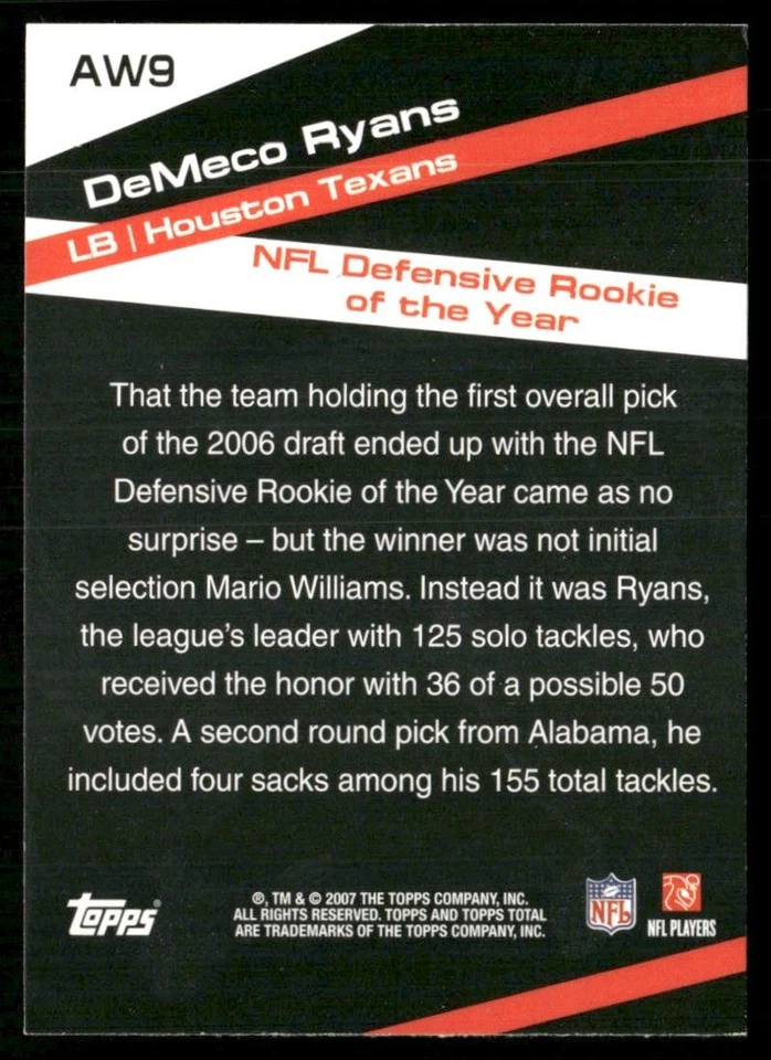 2007 Topps Total Award Winners DeMeco Ryans #AW9 - Image 2 of 2