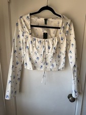 Wild Fable White and Blue Floral Long Sleeve Square Neck Corset-Style Crop Top