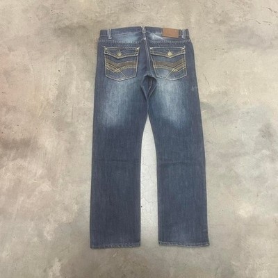 Y2K ROK denim men's dark wash embroidered jeans straight leg 34