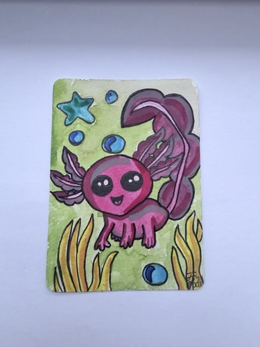 ACEO Original OOAK “Rainbow Axolotl” Axolotl kawaii (1/6) red art card