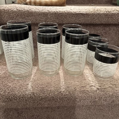 Vintage MCM Libby black-and-white stripes 2 tall glasses, 4 Med, 3 Small!