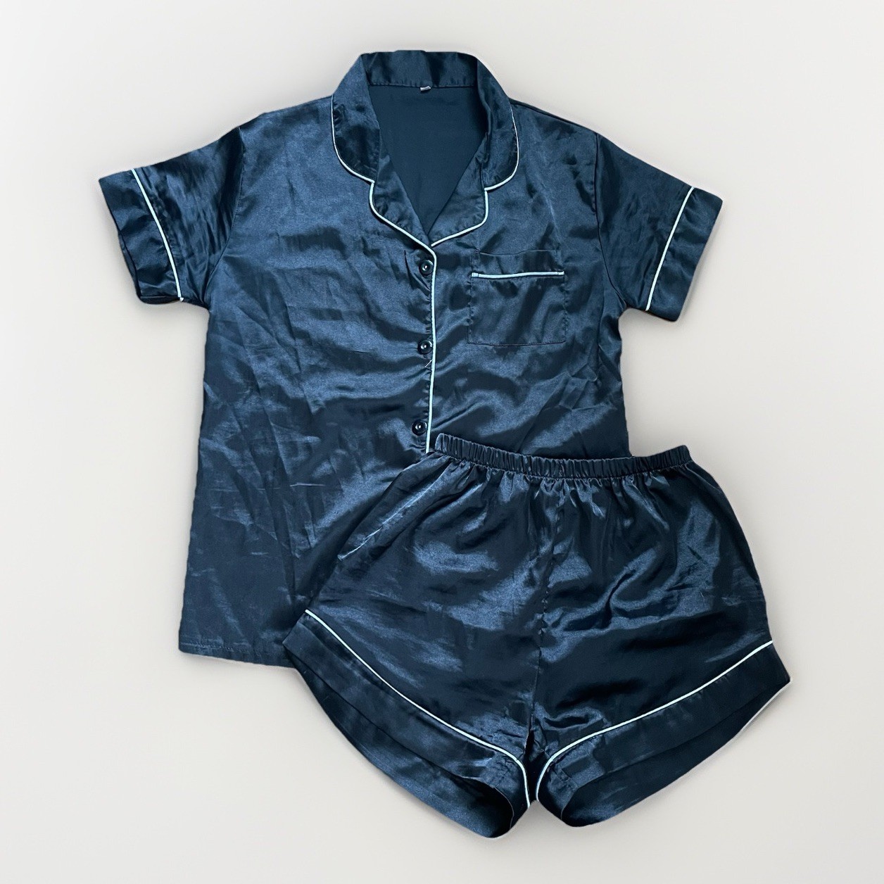 Small Black Short Sleeve Pajama Set with White Piping Button-Up Satin Feel EUC