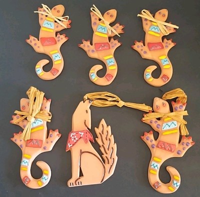 Southwest Terra Cotta Christmas Ornaments Hand Crafted Lizzard & Coyote Brudy AZ