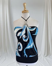 Black Blue Abstract Sequin Halter Top Rave Fairy Whimsy Goth Y2K Glam Buckle S